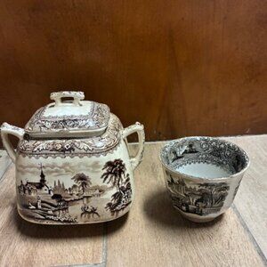 Vintage Lidded Transferware Pot and cup